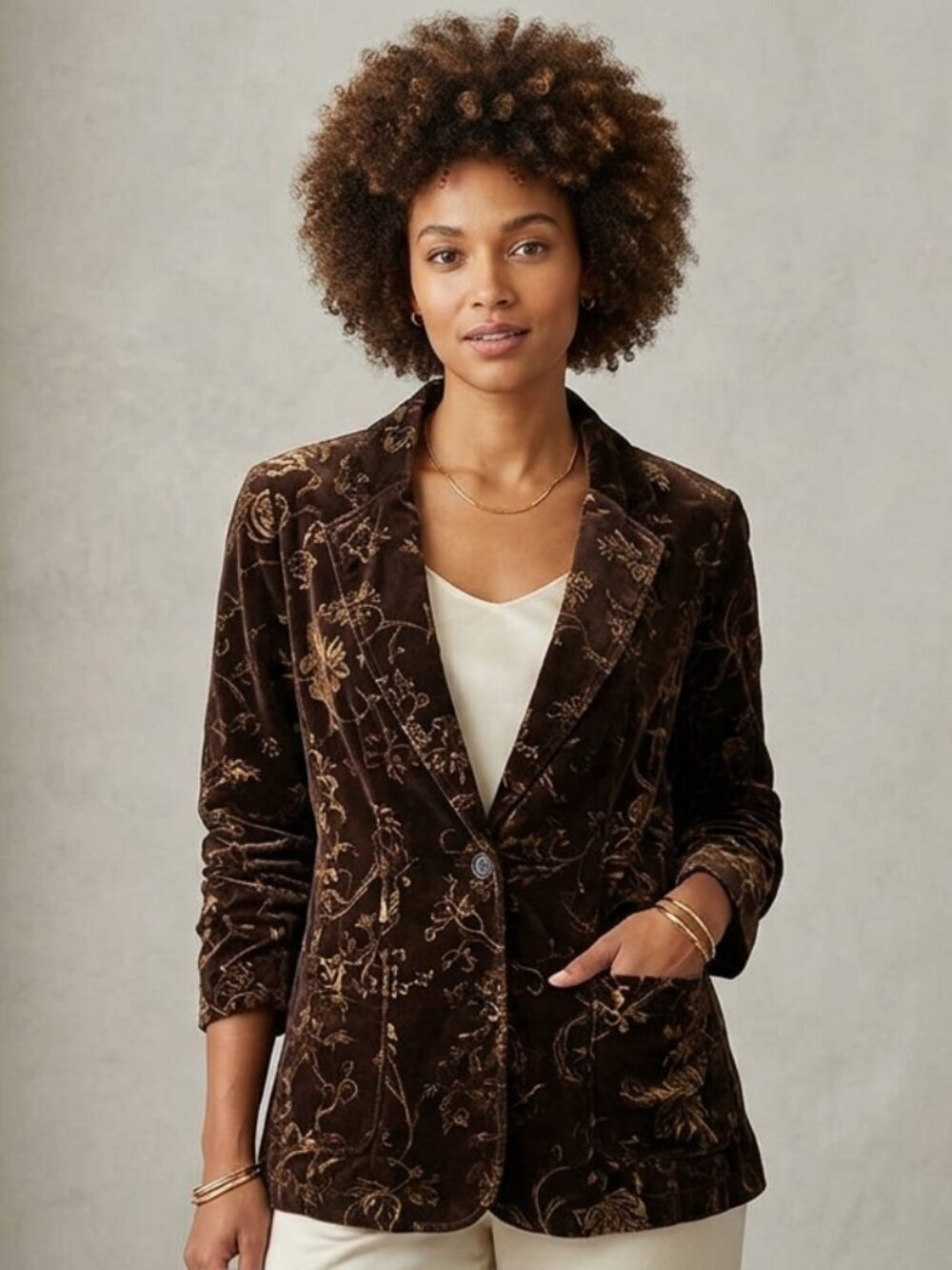 Eddie Bauer Coco Brown Women's Floral Print Velour Button Up Blazer Size  T18